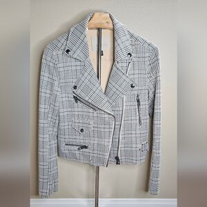 Revolve, New, Black NYC Glen Neutral Plaid Moto Zip Front Jacket, Size xs